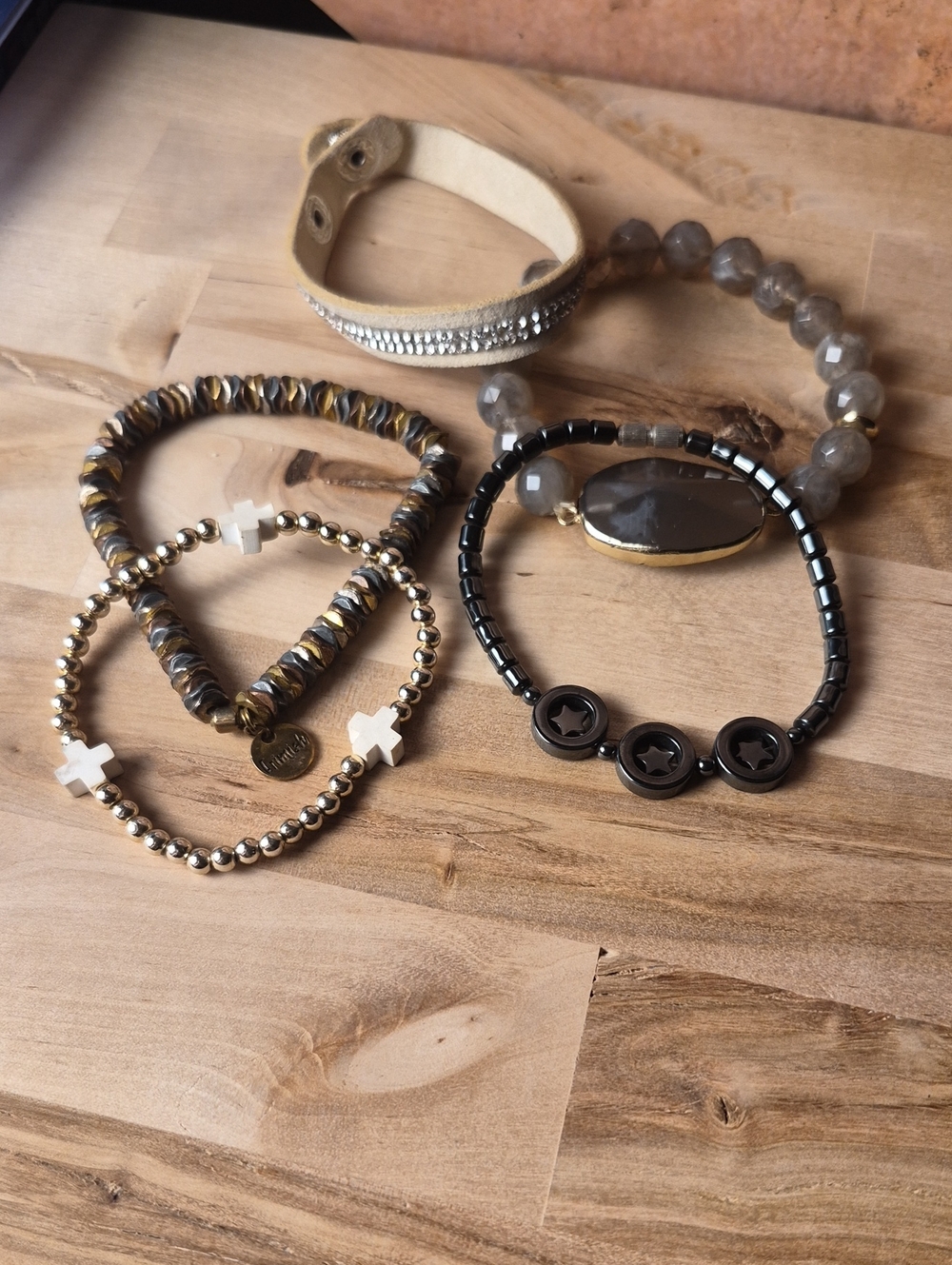 Neutral and Black Women's Bracelet Stack - Mixed Beaded and Leather Styles